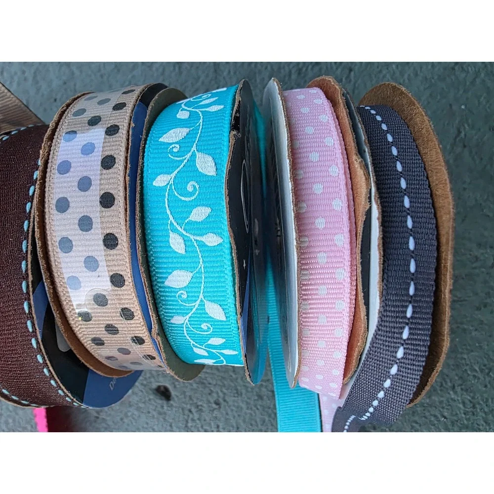 Offray Ribbon Lot 9‎ Spools Leopard Polka Dot Gingham Stars Grosgrain Wired A5